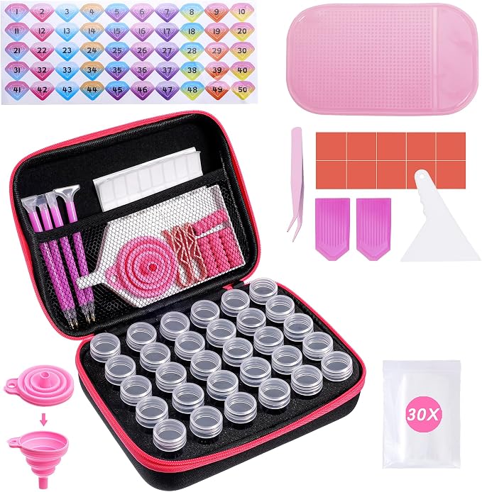 LYMUSUMI 30 Slots Diamond Art Storage Containers for Adults Portable Bead Storage Boxes for Diamond Painting Accessories and Tools（Rose Red）