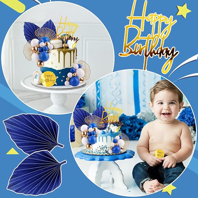 MEMOVAN Blue White Gold Ball Cake Toppers Balls Cupcake Toppers Foam Ball Shaped Cake Picks DIY Balloon Cake Insert Topper Ball Birthday Cake Decorations for Birth Boho Wedding Baby Shower Party