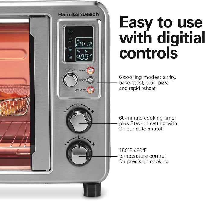 Hamilton Beach 6-in-1 XL Digital Air Fryer Toaster Oven Combo, With Easy-Access French Doors, Bake, Broil, Toast, Pizza & Reheat Functions, 0.9 cu. ft. Capacity, Stainless Steel (31191)