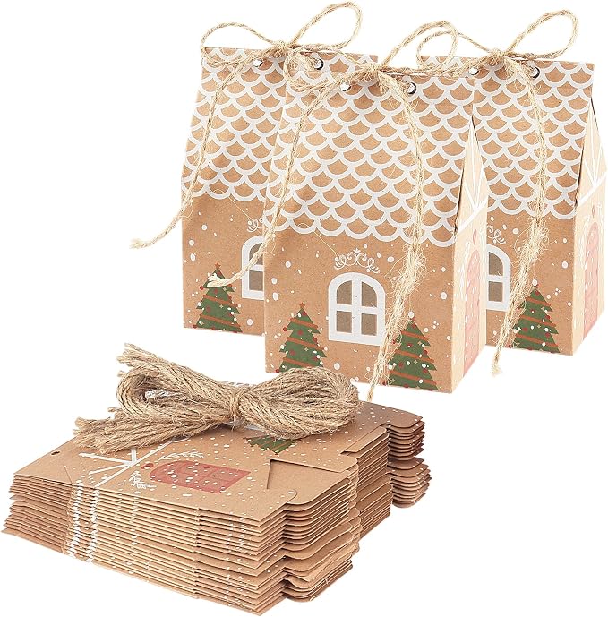 ANCIENTPWR 20 Christmas Candies Treats Boxes for Gift Giving Small Kraft Paper Goodie Bags for Kids with Xmas Tree for Party Favor