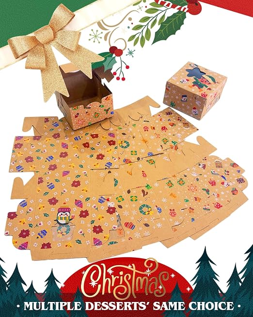 qiqee Christmas Shoes Bakery Boxes with Window 30pcs 4x4x2.5 Mini Cookie Boxes Macaron Boxes Small Donut Pastry Boxes for Christmas