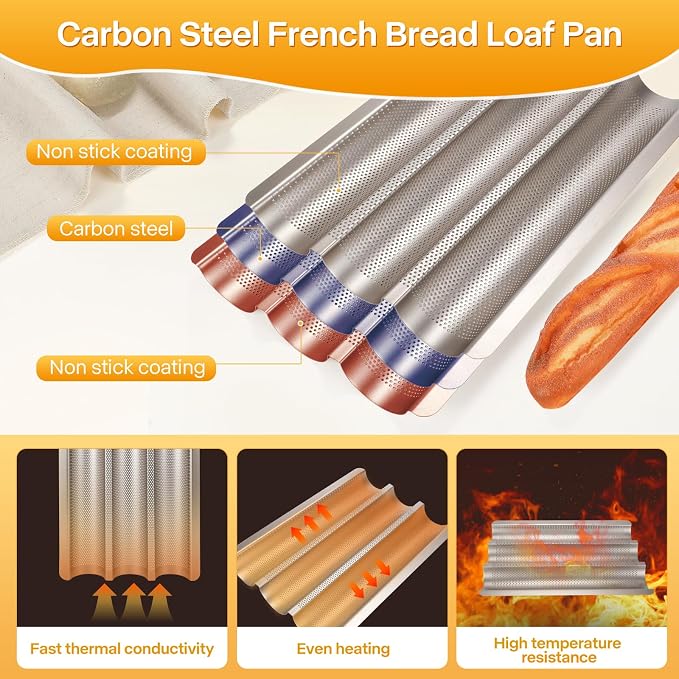 Baguette Bread Pan, Perforated French Bread Pan, Nonstick Bread Pans for Baking, with Baguette Kit – Includes Proofing Cloth & Dough Cutter, 15x11 Inch Golden, 3 Loaf