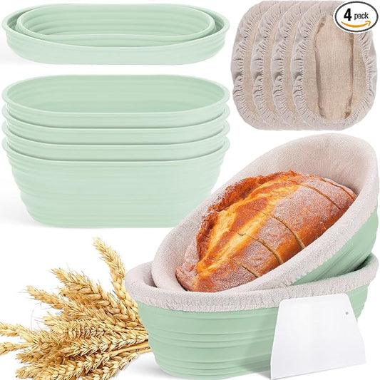 Nuogo 4 Pack Oval Bread Proofing Basket Silicone 10 Inch Collapsible Sourdough Bread Baking Supplies Dough Proofing Bowl with 4 Pcs Dough Scraper and 4 Pcs Basket Covers(Green)