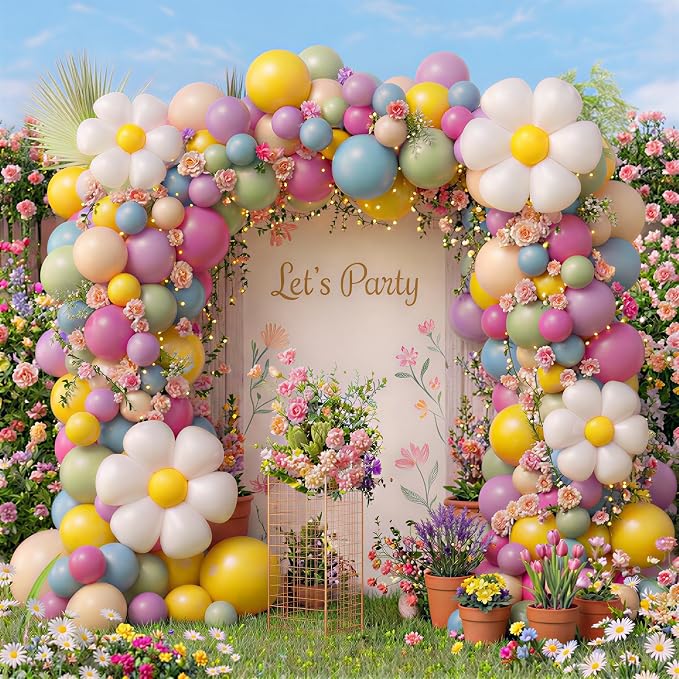 Daisy Flower Spring Balloon Garland Arch Kit, Rose Pink Yellow Green Blue Purple Flower Balloons for Baby in Bloom Baby Shower Floral Daisy Theme Birthday Party Decoration