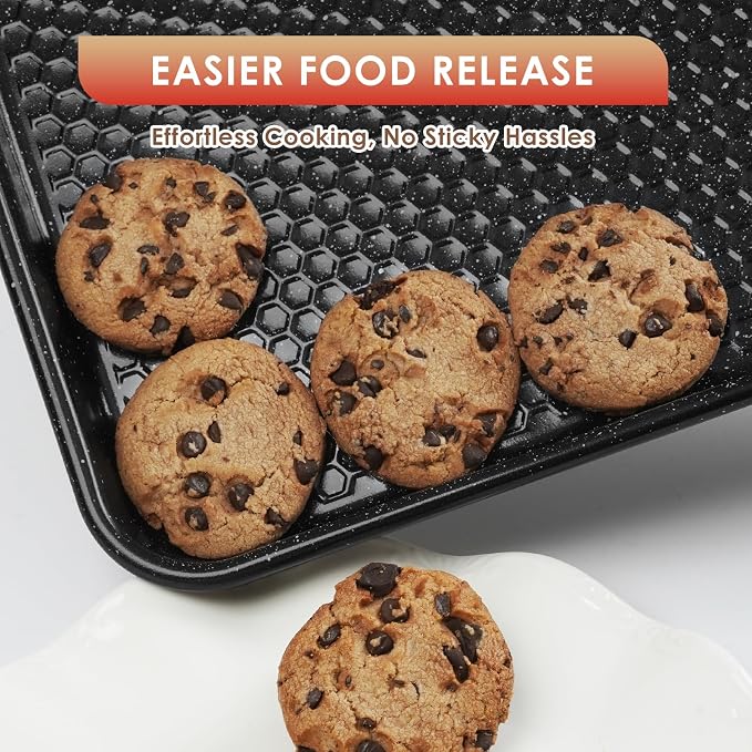 Baking Sheet Pan Set of 3, Nonstick Carbon Steel Cookie Sheets with Texture | Commercial Half/Quarter/Jelly Roll Pans Replacement Toaster Oven Tray, Heavy Duty & Easy Clean, Black