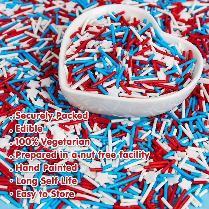 Edible Patriotic Sprinkles for Cake Decorating,130g,July 4th Red White and Blue Jimmies Stars Sprinkle Mix,American Team USA Sprinkles,Independence Day Baking,Donut,Ice Cream,Cookies,Cupcake Topper,Memorial Holiday Festival Wedding Birthday Party Decor...