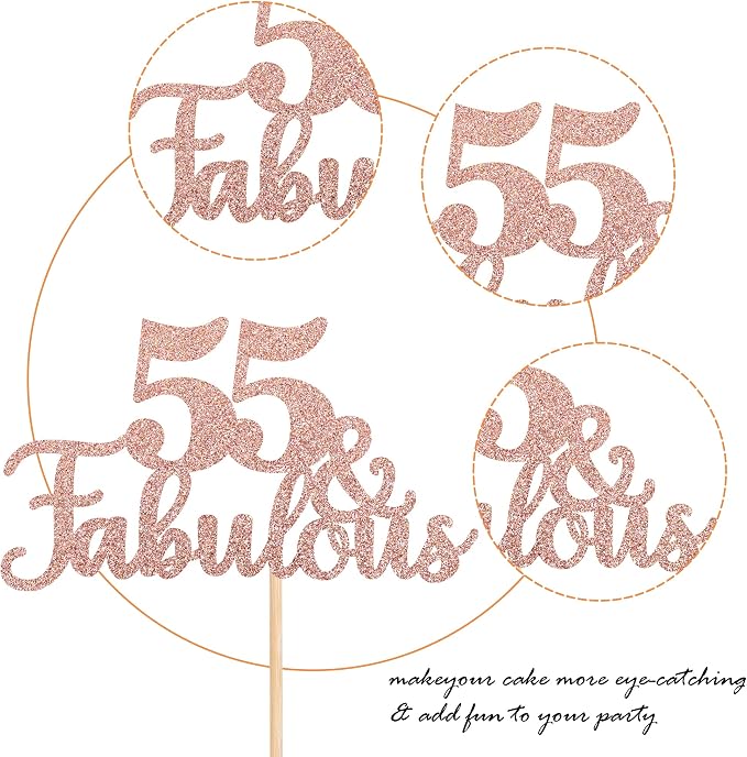 1 PCS 55 & Fabulous Cake Topper Glitter Fifty Five and Fabulous Cake Toppers Happy 55th Birthday Cake Pick for 55th Wedding Anniversary Birthday Party Cake Decorations Supplies Rose Gold