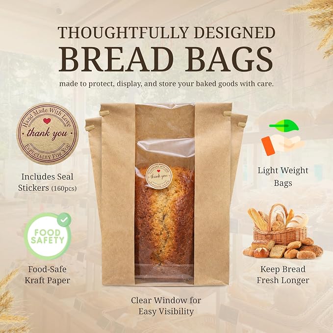Pack of 160 Sourdough Bags for Homemade Bread with Tin Tie Tab Lock，for Large Paper Bread Bags for Sourdough Bread 14" x 8.3" x 3.5"，Round Sourdough Bread Bags Paper with Clear Front Window