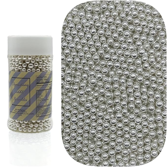 Dynastang 4mm Silver Pearls Sprinkles Edible Pearls Cake Decorating Stars Cake Decorations Cupcake Toppers Cookie Decorating Perfect for Cakes, Cupcakes, Desserts Toppings 3OZ