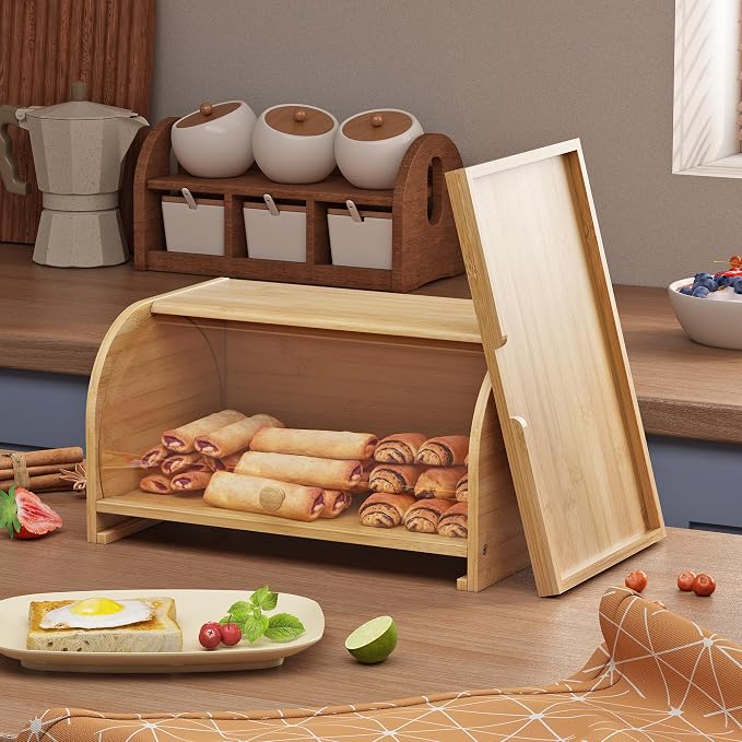 Roll Top Bread Container for Kitchen Countertop, Bamboo Bread Box with Clear Lid, Bread Container Storage（Bamboo with cutting board）