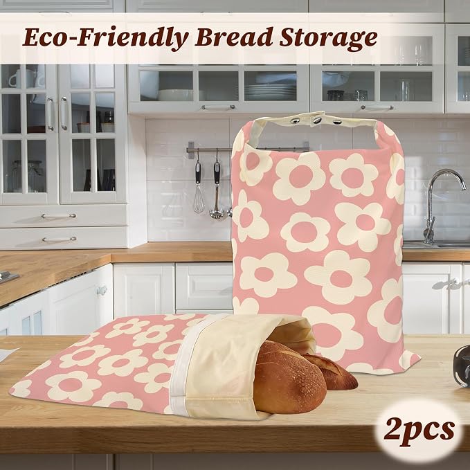 Beeswax Bread Bags, 2 Pack for Homemade Bread and Sourdough Storage | Abstract Pink, Reusable Polyester Bread Storage With Beeswax Coating And Snap Closures