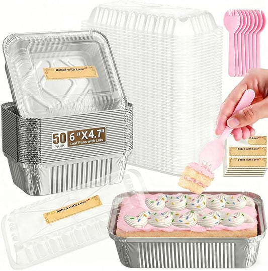 50 Pack Aluminum Loaf Pans with Lids Stickers and Spoon,6" X 4.7" X 2" Small Tin Foil loaf Pans Disposablb Foil Baking Tins Trays for Food Containers/Cakes/Bread