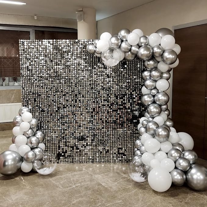 120pcs Metallic Silver Balloon Arch Kit, 18 12 10 5 inch Chrome Silver Latex Balloons Different Sizes Balloon Garland for Wedding Baby Shower Disco Birthday Party Decorations