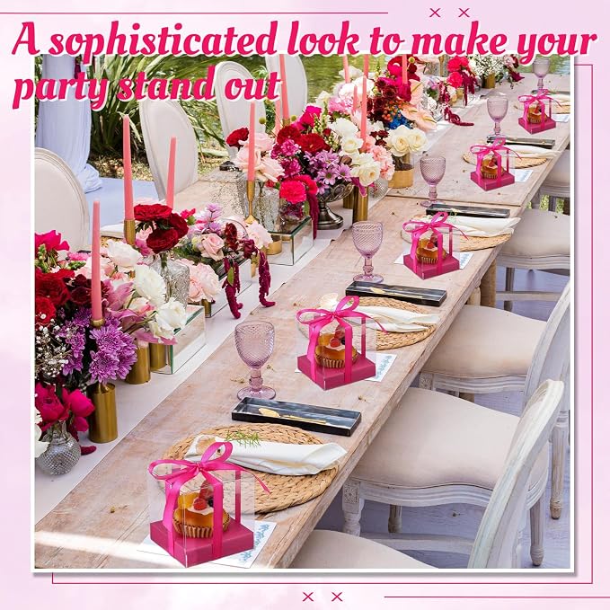 Thenshop 50 Pcs Clear Cupcake Boxes Individual 3.5 Inch Plastic Single Cupcake Containers Boxes with Inserts and Ribbon Individual Cake Storage Holders for Cake Kitchen (Hot Pink)
