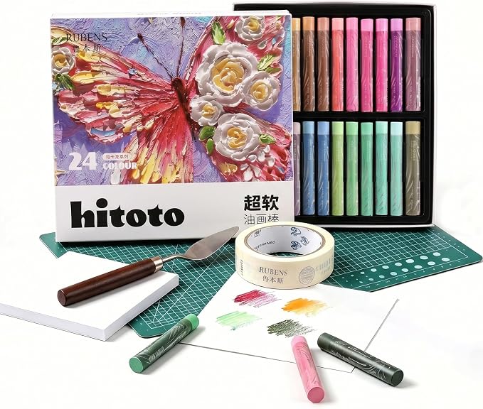 rubens Soft Oil Pastels Set (24 Macaron Colors), Painting Kit, Art Supplies, Includes Oil Pastels Set, 1 Palette Knife, 1 Roll of Masking Tape, 30 Sheets Oil Pastel Paper, 1 Base Plate