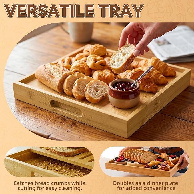 Bamboo Adjustable Bread Slicer with Crumb Catcher Tray, Foldable 3 Thickness Cutting Board, Non-Slip Multi-Purpose Serving Tray for Toast, Sourdough, Baguette Homemade Bread