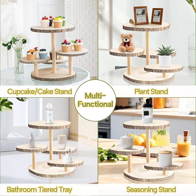GENMOUS 4 Tiered Round Cake and Cupcake Stand Combo for Birthday Party Decor, Rustic Wooden Cupcake Tower Stands for 50 Cupcakes, Farmhouse Cupcake Tier Stand Display for Wedding Baby Shower Tea Party
