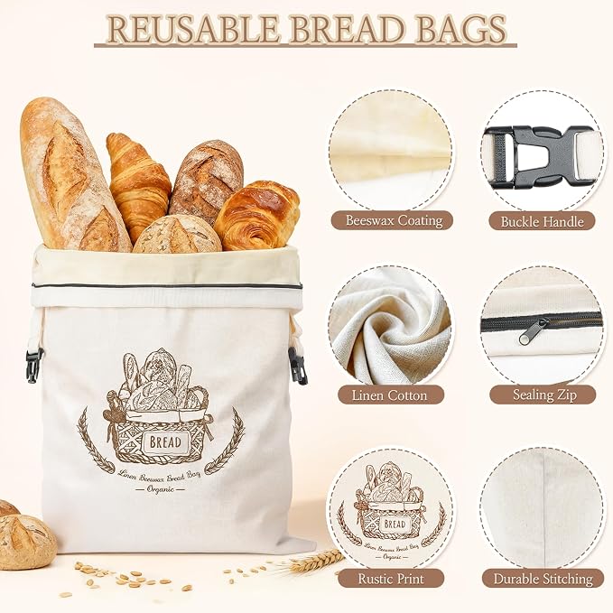 VIS'V Linen Cotton Beeswax Bread Bags with Zippper, 16.7 x 12.8 In, 2 Pcs | XL Size, Dual Seal, Reusable, Freezer Safe, Fits for Homemade Breads, Sourdough, Store Bought Breads