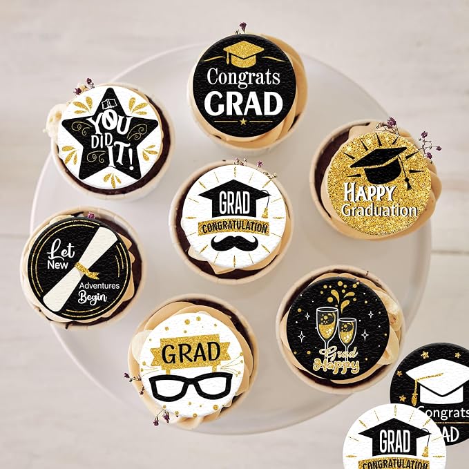 36PCS Edible Graduation Cap Cupcake Toppers Wafer Paper Grad Cap Diploma Cake Decorations Edible Grad Cap Cupcake Picks for 2026 Grad Theme Party Cake Decor Supplies (Black)