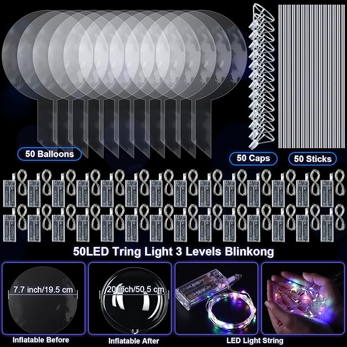 Libima 50 Pcs Light up LED Balloons Bulk 20 Inches Clear Flashing Glow in The Dark Balloon with Handles and String Lights for Easter Holiday Wedding Birthday Party Yard Outdoor Decoration (Blue)