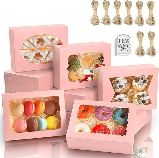 KPOSIYA 65 PCS 8x6x2.5 Inch Cookie Boxes with Window Pink Bakery Boxes Pastry Boxes for Gift Giving, Treat, Dessert, Cupcakes, Chocolate, Strawberries, Donuts, Muffins (5 Style Windows)