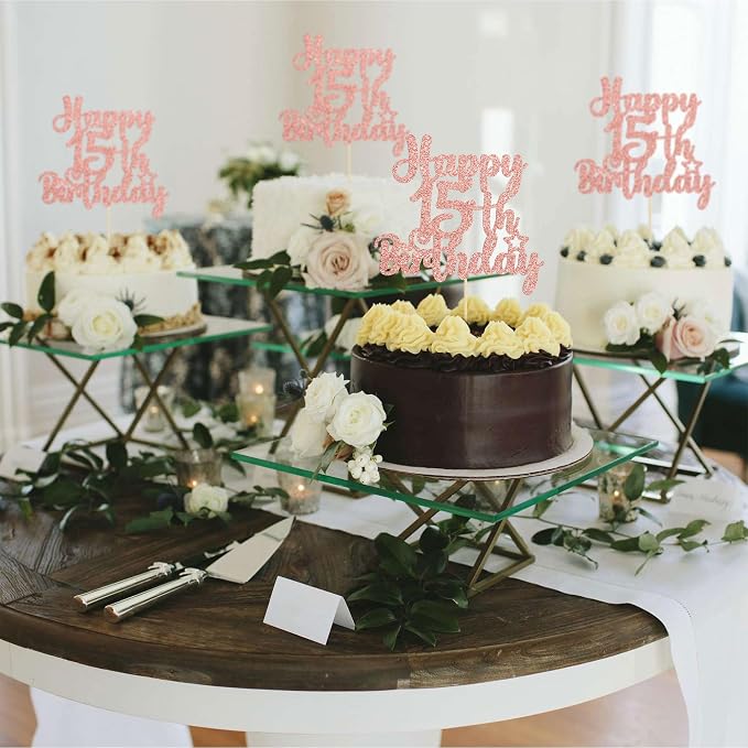 Gyufise 1Pc Happy 15th Birthday Cake Topper Glitter 15 & Fabulous Cheers to 15 Years Old Cake Pick for Celebrating 15th Birthday Anniversary Party Cake Decorations Supplies Rose Gold