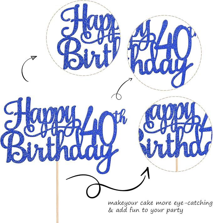 1 PCS Happy 40th Birthday Cake Topper Glitter Cheers to 40 Years Birthday Cake Pick 40 Fabulous Cake Decoration for Happy 40th Birthday Anniversary Party Decorations Supplies Blue