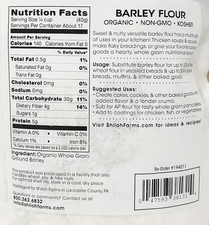 Shiloh Farms - Organic Barley Flour, 2 Packs - 24 Ounce each