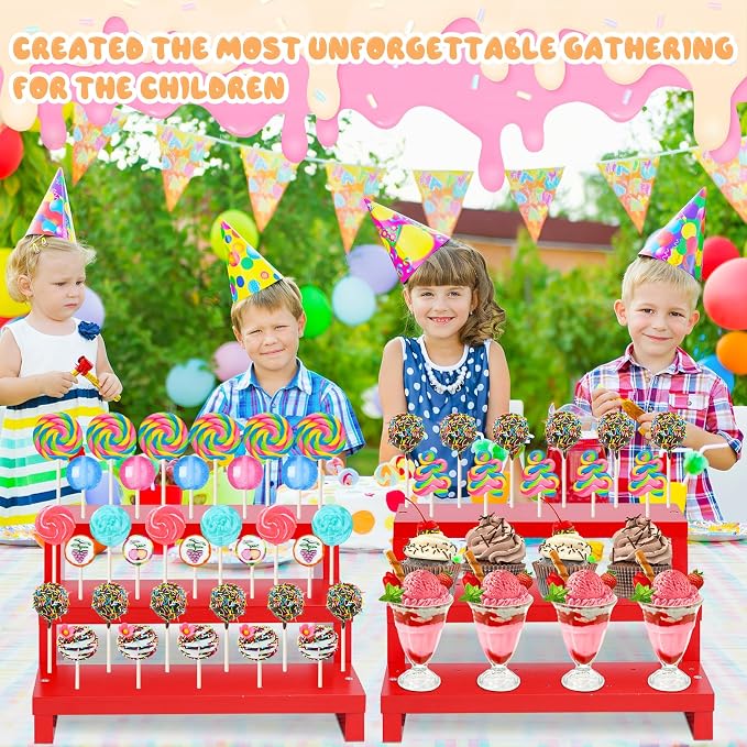 2 Pcs Cake Pop Stand, 3 Tier Wood Cake Pop Holder Display Risers with Twist Ties Lollipop Sticks, 33 Hole Lollipop Holder for Dessert Table of Wedding Birthday Party (Red-2P)