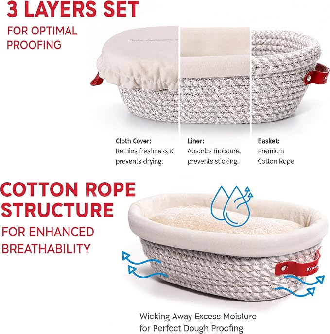 KneadAce Sourdough Kit, Sourdough essentials tools including oval proofing basket, oval bread sling, bread lame, bench scraper and baker's brush set and dough wand