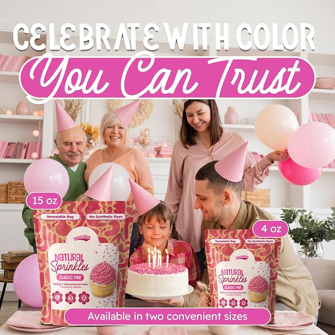Snackathon Natural Sprinkles for Baking & Decorating, Dye-Free Pink Sprinkles, 4 oz Jimmies in Resealable Bag - Naturally Colored, No Artificial Dyes, Gluten-free for Cakes, Ice Cream & Desserts