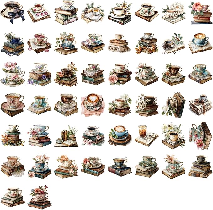 Vintage Coffee Books Flowers Aesthetic Transparent Stickers for Cup, 50PCS Retro Cafe Book Flora Art Waterproof Stickers for Water Bottle,Laptop,Journal,Scrapbook, Coffee Bar Decals
