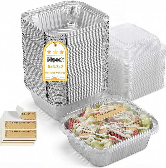 Gyeruni 50 Pack Disposable Aluminum Loaf Pans with Lids and Stickers Kit, 6" X 4.7" X 2" Small Tin Foil Loaf Pans Foil Baking Tins Trays for Food Containers/Cakes/Bread