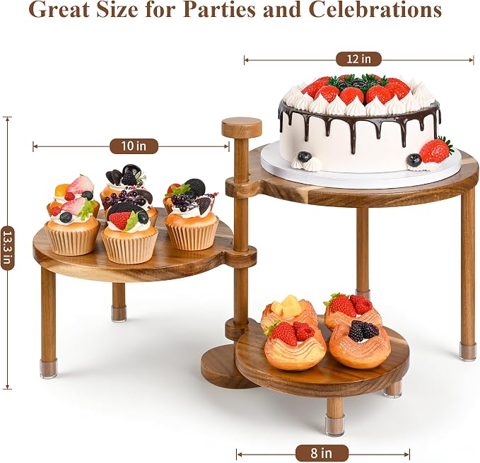 LOVYANXUE Acacia Wooden Cupcake Stand, 3 Tier Round Cake Stand 360° Rotatable Cupcake Tower with Tiered Serving Tray, Wood Dessert Table Display Set, Tiered Tray Stand for Party, Wedding (12/10/8 IN)