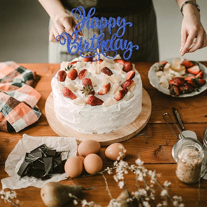 1 PCS Happy Birthday Cake Topper Glitter Happy Birthday Cake Pick Bunting Decor for Anniversary Celebrating Happy Birthday Party Cake Decorations Supplies Blue
