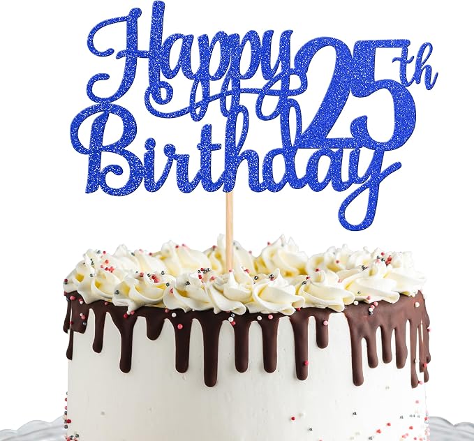 1 PCS Happy 25th Birthday Cake Topper Glitter Cheers to 25 Years Birthday Cake Pick Twenty Five 25 Fabulous Cake Decoration for Happy 25th Birthday Theme Party Decorations Supplies Blue
