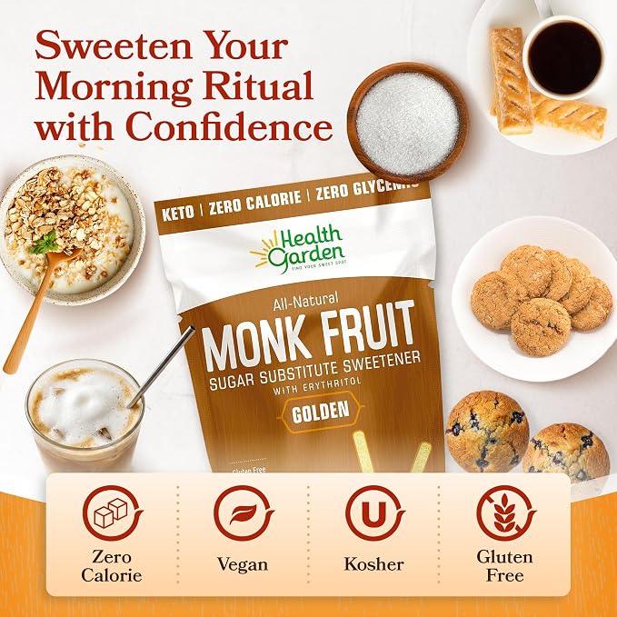 Health Garden Monk Fruit Sweetener, Golden, 15oz Bag – 1:1 Monk Fruit Sugar Substitute with Erythritol – Zero Calorie Monkfruit Sweetener Pure – Ideal for Baking, Keto Friendly, Non-GMO, Kosher