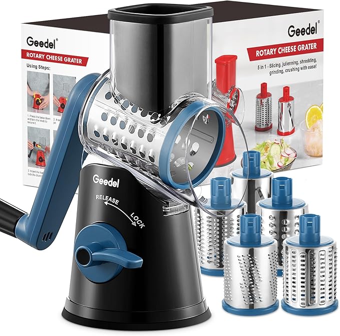 Geedel Rotary Cheese Grater Cheese Shredder - Upgraded 5-in-1 Cheese Grater with Handle and Strong Suction Base, Multi-purpose Vegetable Slicer Ice Shaver Nuts Grinder for Cheese, Vegetables, Ice