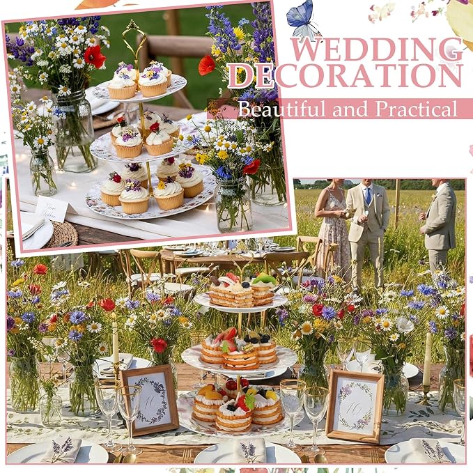 Lallisa Wildflower Party 3 Tier Dessert Stand 10,9 and 7 Ceramic Wildflower Baby Shower Tea Party Tiered Tray Cupcake Stand Display Holder Tower for Wedding Bridal Shower Decoration