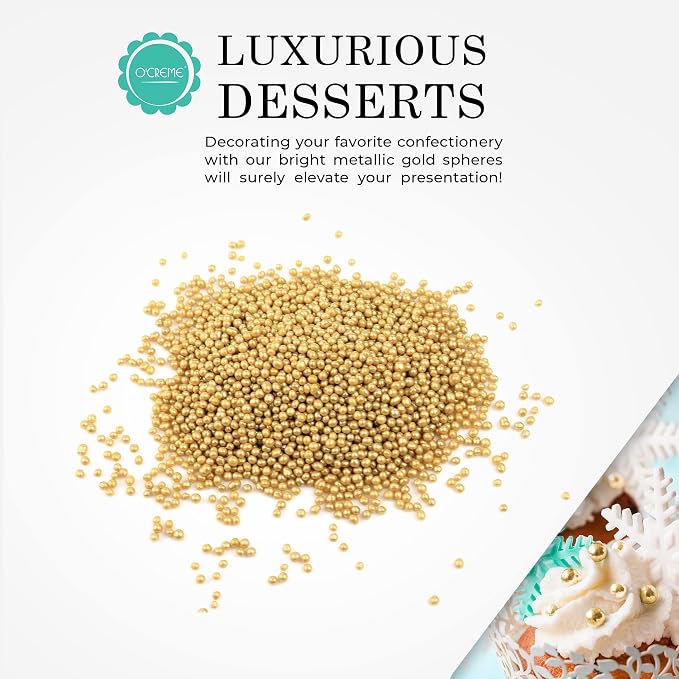 O'Creme Gold Dragees Cake Decorating Supplies for Bakers: Cookie, Cupcake, & Icing Toppings, Bright Metallic Sphere Sprinkles Decoration, Decorating Sugar Balls Accents (3mm, 1 Pound) Not-Toxic, Non-Edible