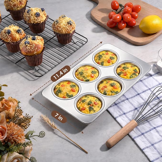 LIANYU 2 Pack Muffin Pan 6 Cups, Premium Stainless Steel Cupcake Tin Mold for Baking Small Muffin Cake, Everyday Muffin Baking Tray for Oven, Regular Size & Rust Resistant