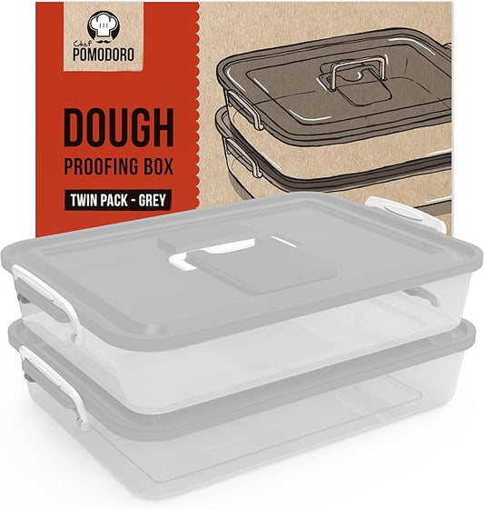 Chef Pomodoro Pizza Dough Proofing Box, 14 x 11-Inch, Preparation Container with Lid, Fits 4-6 Proofing Balls, Household Pizza and Bread Dough Tray With Convenient Carry Handle (Grey, 2-Pack)