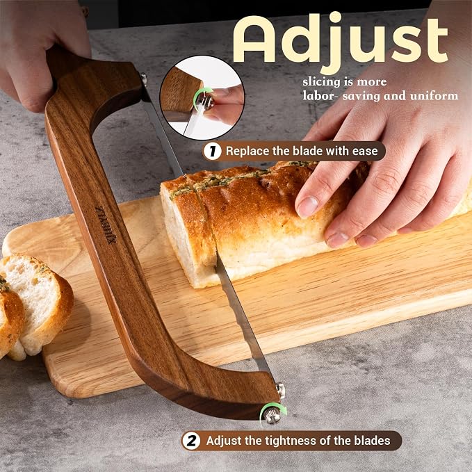 Sourdough bread knife,Bread Slicer for Homemade Bread,Adjustable blade tightness for Even Slicing, Serrated knife,Wooden Bread cutter with Bow Design (3, brown)