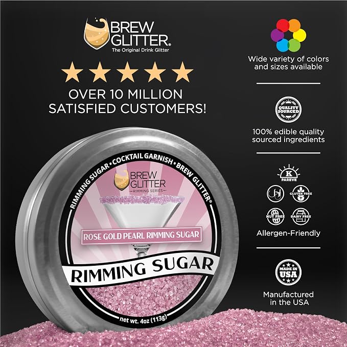 Brew Glitter - Rose Gold Pearl Rimming Sugar (1LB, 1x Resealable Bag) Cocktail Garnish for Mixed Drinks & Refreshments
