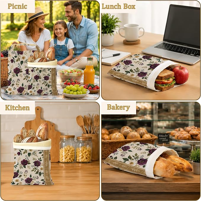 2 Pack Beeswax Burgundy Floral Bread Bags for Sourdough Homemade Breads, Reusable Beeswax Bread Ivory Botanical Storage Bag, Keep Loaves Fresh Longer, Freezer Safe & Airtight, Zero Waste 17 x 13''
