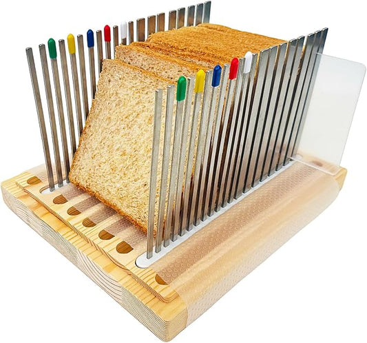 Stainless Steel Bread Slicer, Wooden Crumb Tray, 20 Protective Liners | 2 Thickness Cutting Guide, 7in Adjustable Width, 1 Bread Stopper, for Homemade Bread, Sourdough