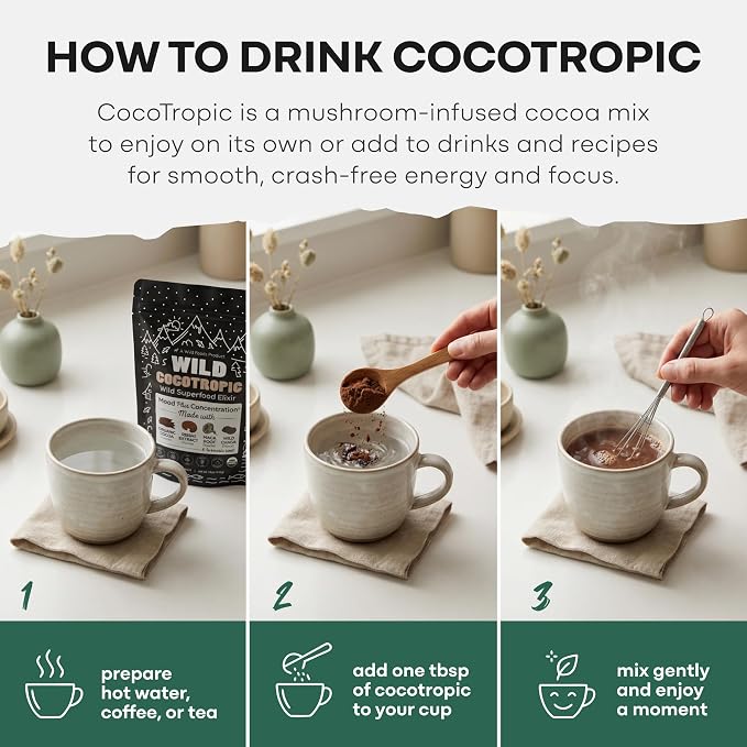 Wild Foods Organic Cocotropic Superfood Mushroom Hot Chocolate Mix, 8 oz | Non-GMO, Vegan, Gluten Free, Reishi Mushrooms, Chaga