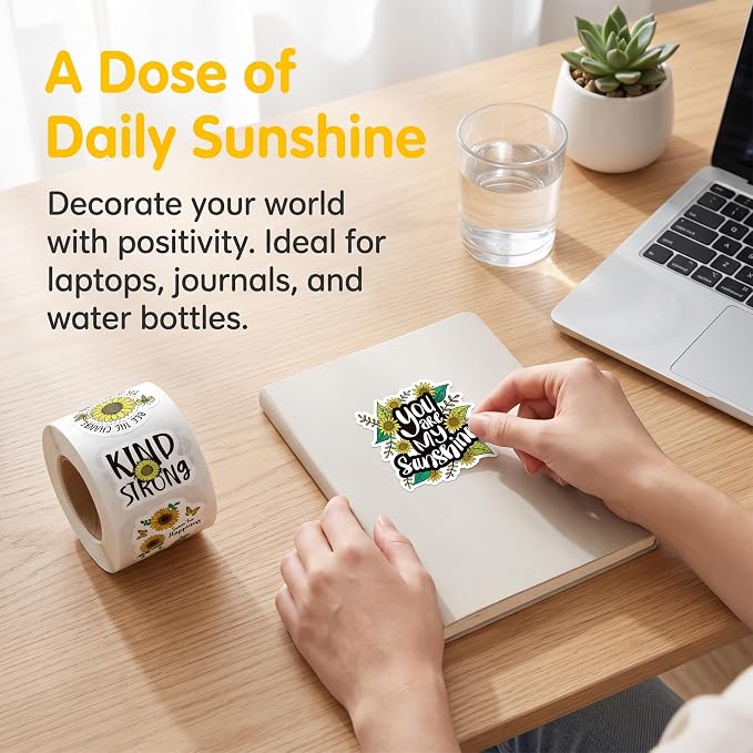 500PCS Sunflower Motivational Stickers Roll, Positive Quote Reward Labels Featuring Kind Strong Love Inspirational Designs for Teachers Students & Small Business Packaging