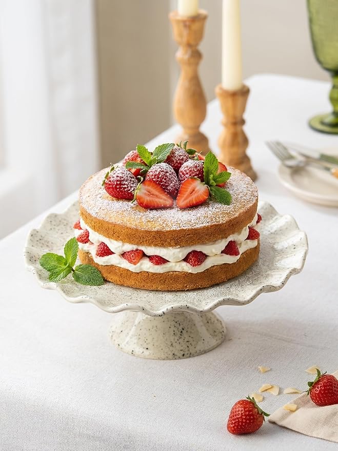 Ceramic Cake Stand, Small Cake Plate for 8 Inch Cake, Vintage Cake Pedestal Stand with Ruffle Trim for Mother's Day, Cupcake Stand for Dessert Table Display, Speckled White