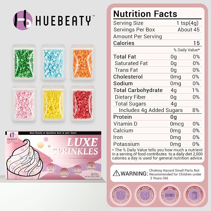 HUEBEATY 6-in-1 Neon Rainbow Sprinkles Variety Pack with Claw Sprinkle Pen – 180g Assorted Colored Sprinkles with Pearls, Jimmies, Confetti & Fun Shapes for Cake Decorating, Cupcakes, Cake Pops, Cookies & Ice Cream Baking